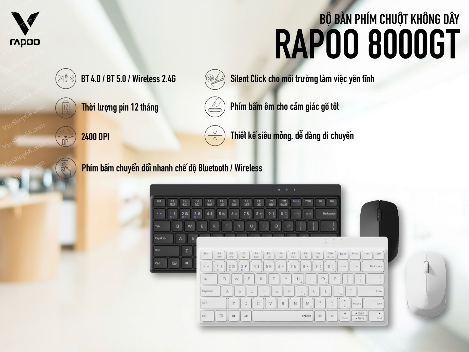 Bộ Bàn Phím Chuột Không Dây Rapoo 8000GT Bluetooth 5.0 Hiệu Suất Cao