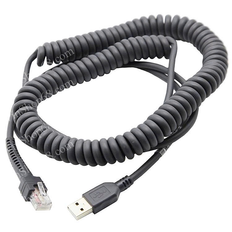 Dây cáp USB dài 5m, xoăn lò xo, dùng cho máy quét mã vạch Zebra DS208, DS4308, DS8178, DS2278, DS4608 ...